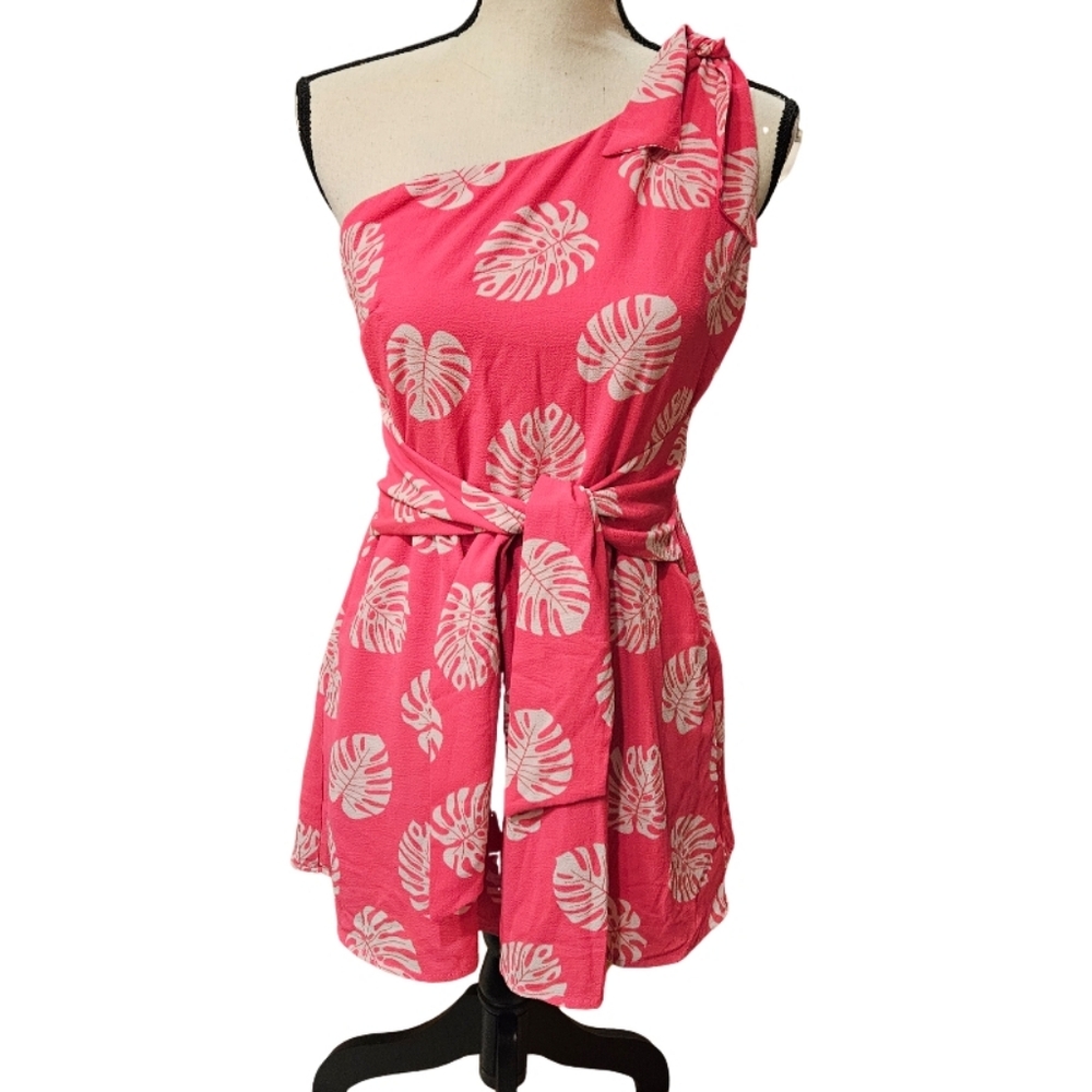 CATO Pink One-Shoulder Dress with Leaf Print